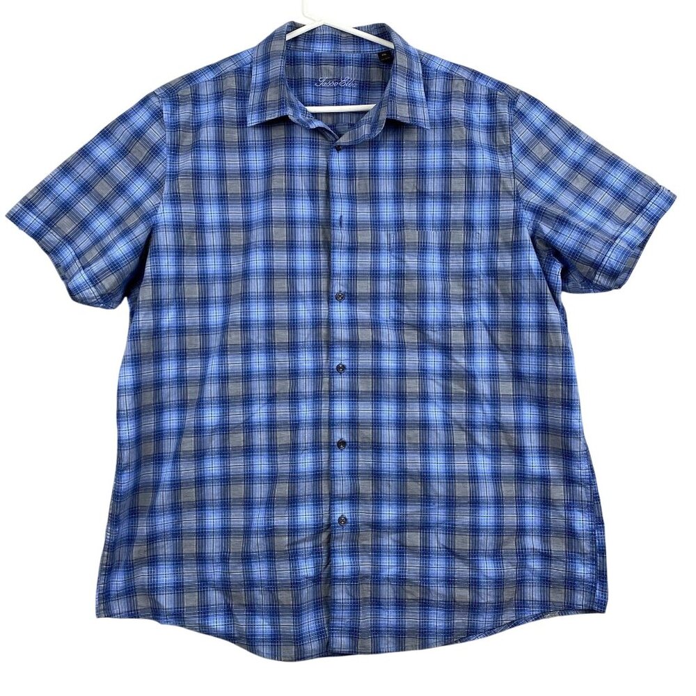 Tasso Elba Mens Shirt XXL Blue Plaid Short Sleeve Button-Up 100% Cotton
